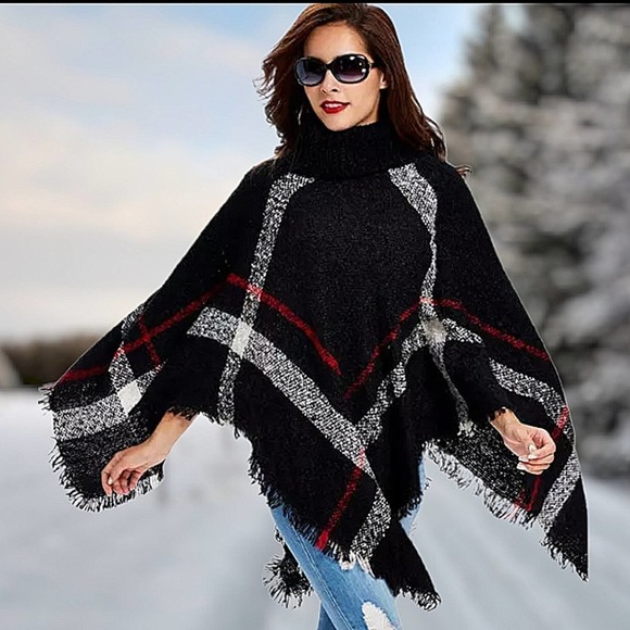 Black Plaid Turtle Neck Sweater Poncho - Picture 2 of 5